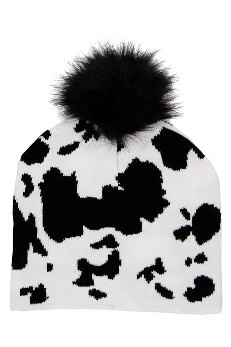 Cow Print Shaggy Faux Fur Pom Pom Short Beanie