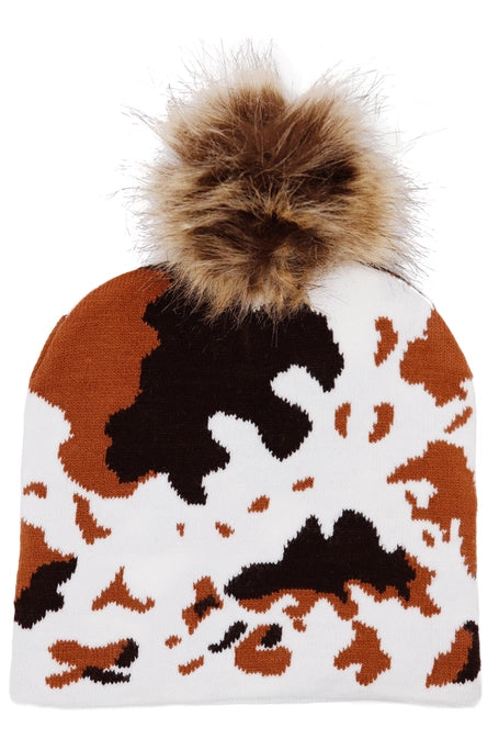 Cow Print Shaggy Faux Fur Pom Pom Short Beanie